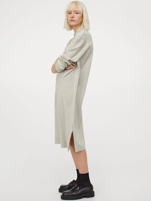 

H&M Women Grey Solid Knitted Collared Sustainable Dress