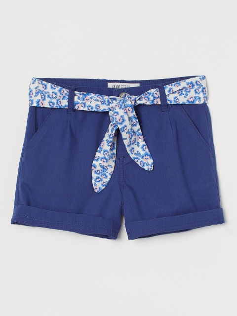 

H&M Girls Blue Solid Cotton Belted Shorts