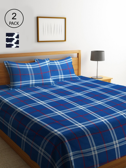 

KLOTTHE Set Of 2 Woven-Design Double King Bed Covers With 4 Pillow Covers, Blue