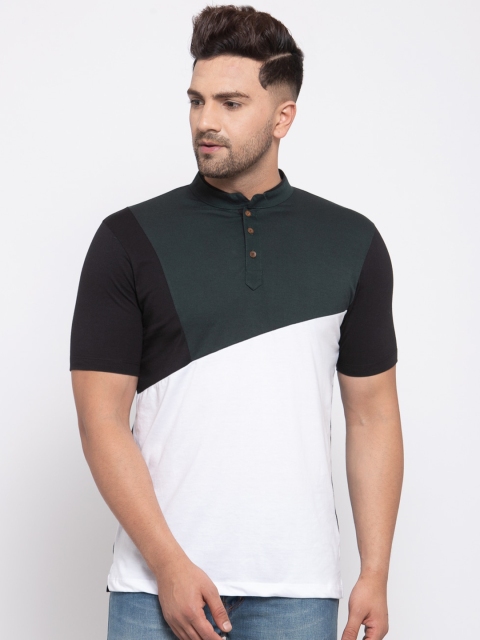 Kalt Men Black & Green Colourblocked Mandarin Collar T-shirt