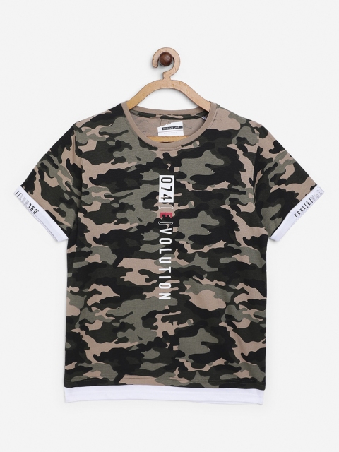

Octave Boys Olive Green & Beige Camouflage Printed Round Neck T-shirt