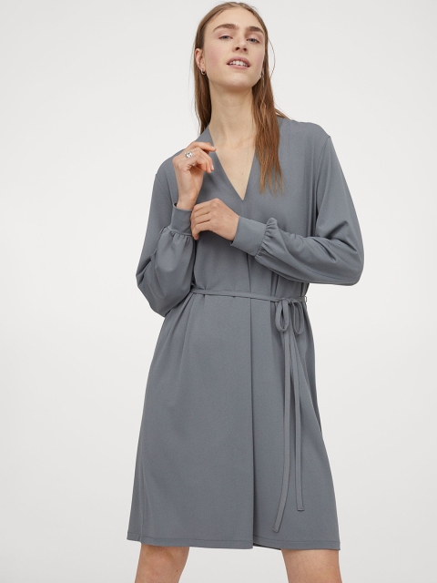 H&M Women Grey Solid Shawl-Collar Dress
