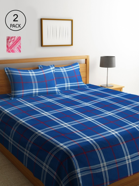 

KLOTTHE Set of 2 Blue & Pink Woven-Design Double Bed Covers With 4 Pillow Covers