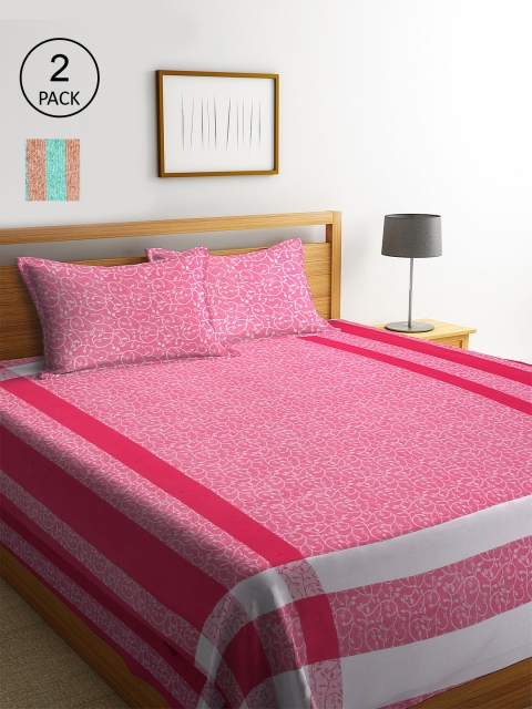 

KLOTTHE Set Of 2 Striped Double King Bed Covers with 4 Pillow Covers, Pink