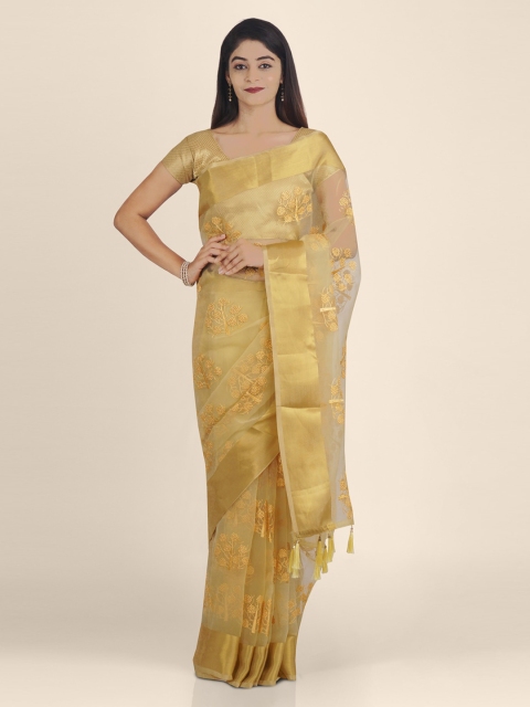 

KAJREE Gold-Toned Organza Embroidered Jamdani Saree