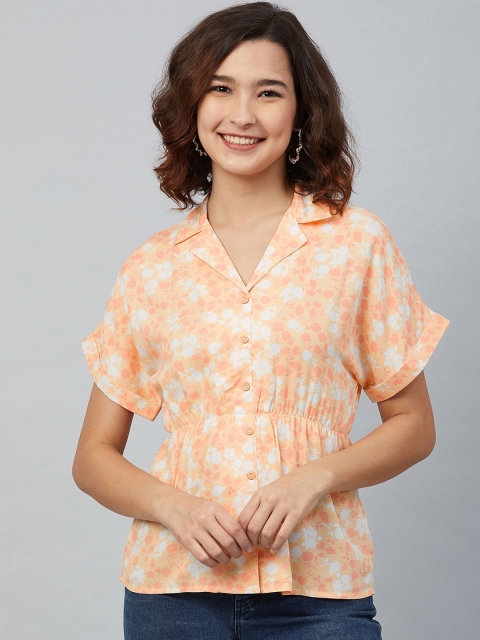 

Marie Claire Orange Floral Printed Cinched Waist Top
