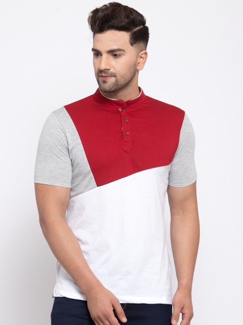 

Kalt Men Grey & White Colourblocked Mandarin Collar T-shirt
