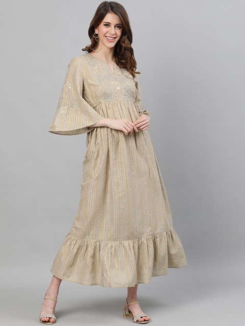 

Ishin Women Beige & Grey Embroidered Maxi Dress