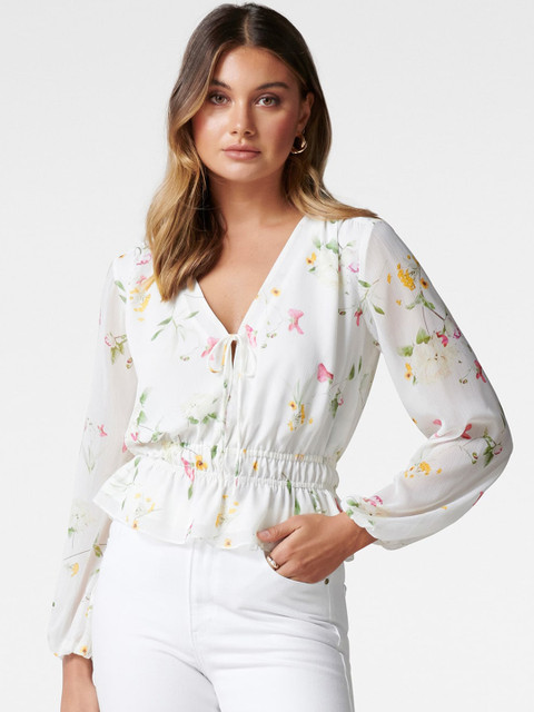 

Forever New White & Pink Floral Printed Puff Sleeves Cinched Waist Crop Top
