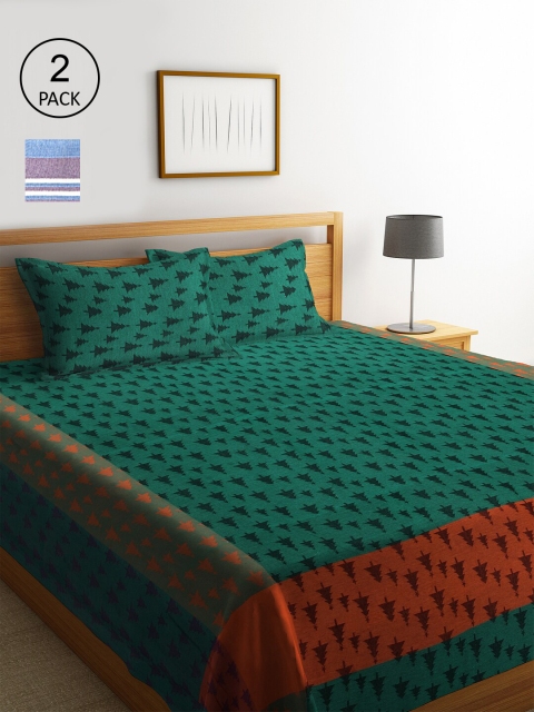 

KLOTTHE Set Of 2 Striped Double King Bed Covers with 4 Pillow Covers, Green