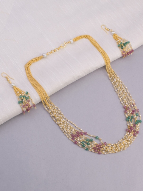 

Alankruthi Gold-Plated Green & White Beaded Handcrafted Layered Jewellery Set