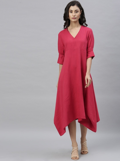 

RAREISM Women Pink Solid Linen A-Line Dress