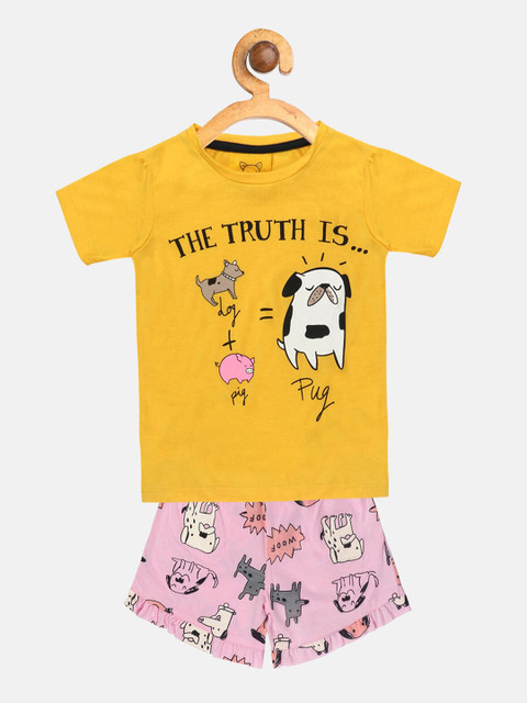 

Lazy Shark Girls Yellow & Pink Printed T-shirt with Shorts