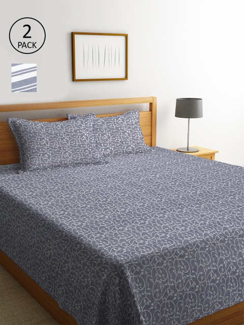 

KLOTTHE Set Of 2 Striped Double King Bed Covers with 4 Pillow Covers, Grey