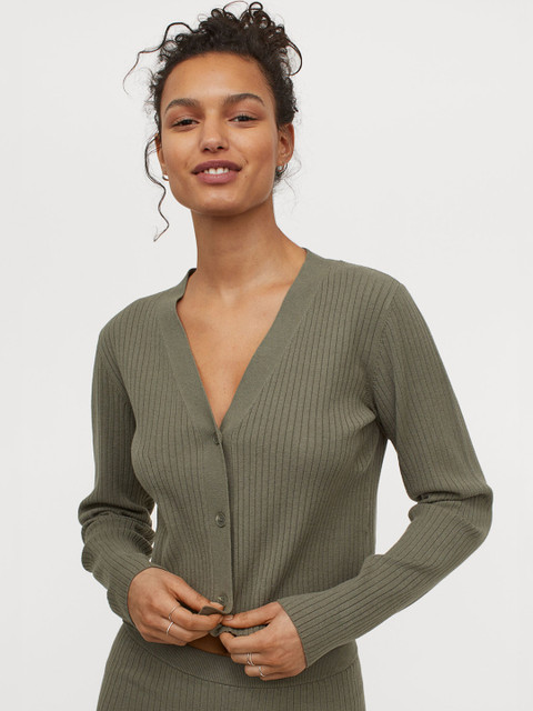 

H&M Women Green Rib-Knit Sustainable Cardigan