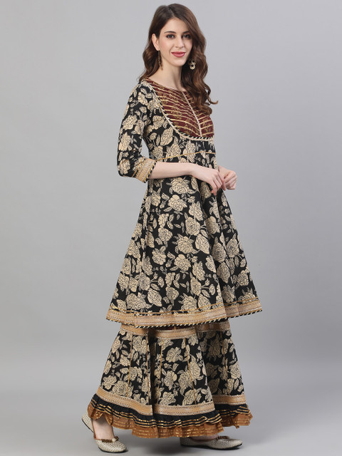 

Ishin Women Black & Beige Printed Kurta with Skirt & Dupatta