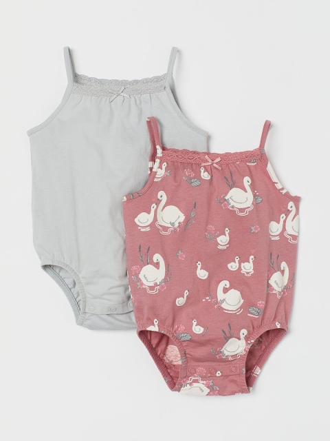 

H&M Girls 2-pack Green & Pink Printed Lace-trimmed Cotton Bodysuits