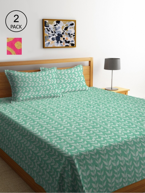 

KLOTTHE Set of 2 Woven Design Double King Bed Covers with 4 Pillow Covers, Green