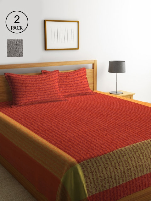 

KLOTTHE Red & Grey Set Of 2 Woven Design Double King Bed Covers With 4 Pillow Covers