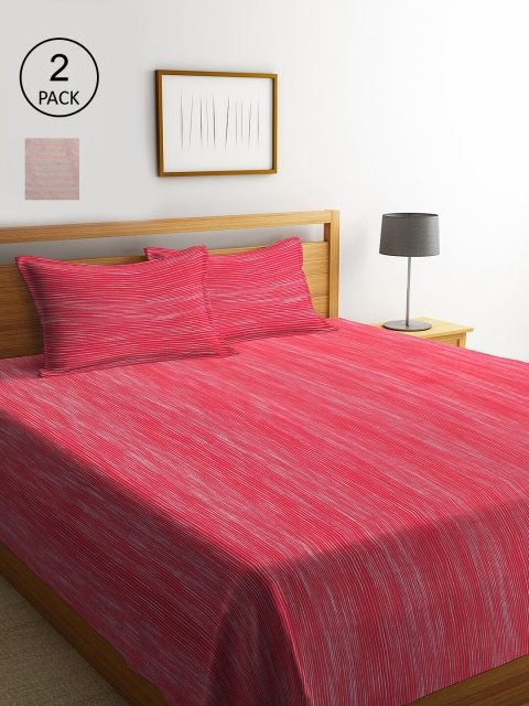 

KLOTTHE Set Of 2 Striped Double King Bed Covers with 4 Pillow Covers, Red