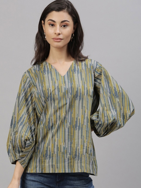 

Rareism Green & Yellow Striped Puff Sleeves Pure Cotton Regular Top