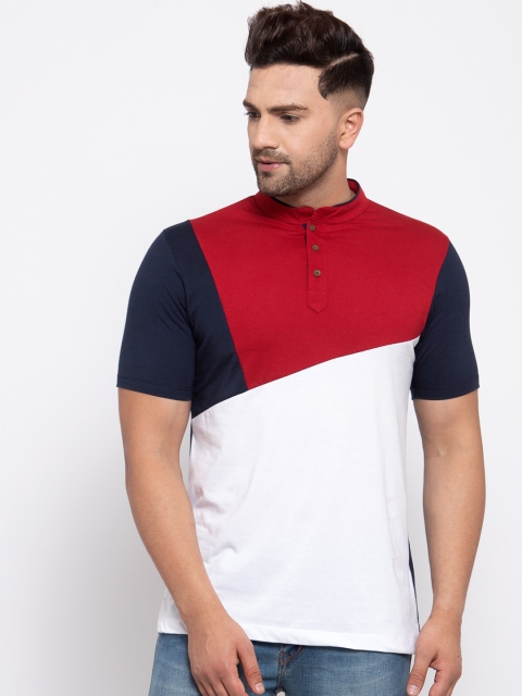 Kalt Men Navy Blue & Red Colourblocked Mandarin Collar T-shirt