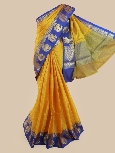 

Pothys Yellow & Blue Cotton Blend Solid Saree