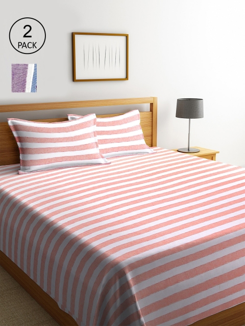 

KLOTTHE Set Of 2 Striped Double Bed Covers With 4 Pillow Covers, Pink