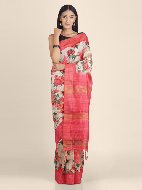 

KAJREE Cream-Coloured & Pink Pure Linen Printed Block Print Saree