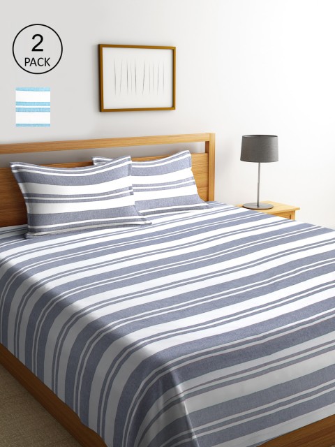

KLOTTHE Set Of 2 Striped Double King Bed Covers With 4 Pillow Covers, White