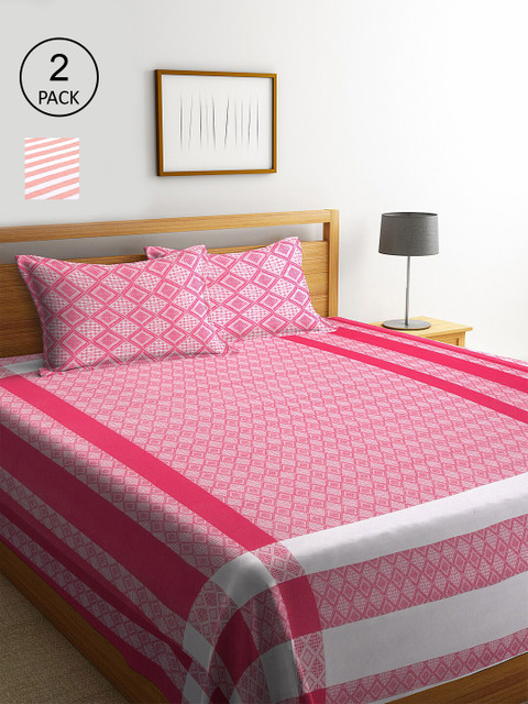 

KLOTTHE Set Of 2 Striped Double King Bed Covers With 4 Pillow Covers, Pink