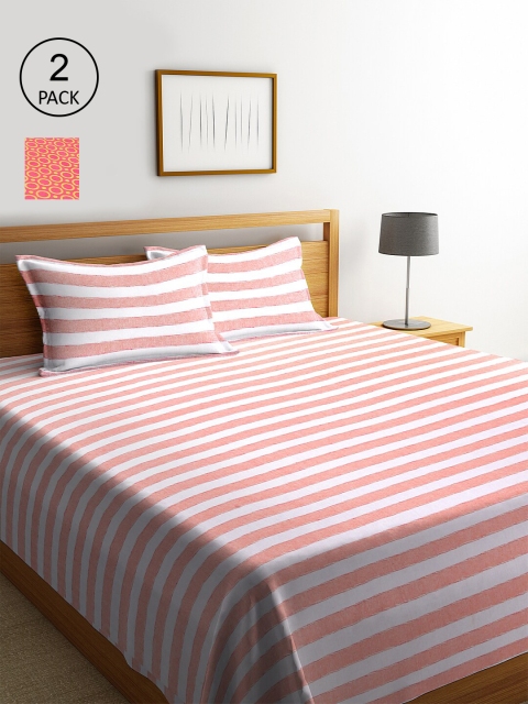 KLOTTHE Set Of 2 Striped Double King Bed Covers with 4 Pillow Covers, Pink