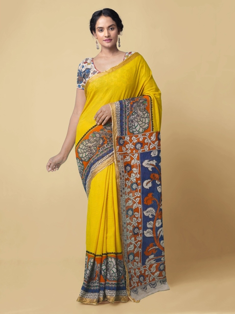 

Unnati Silks Yellow Striped Kalamkari Pure Cotton Saree