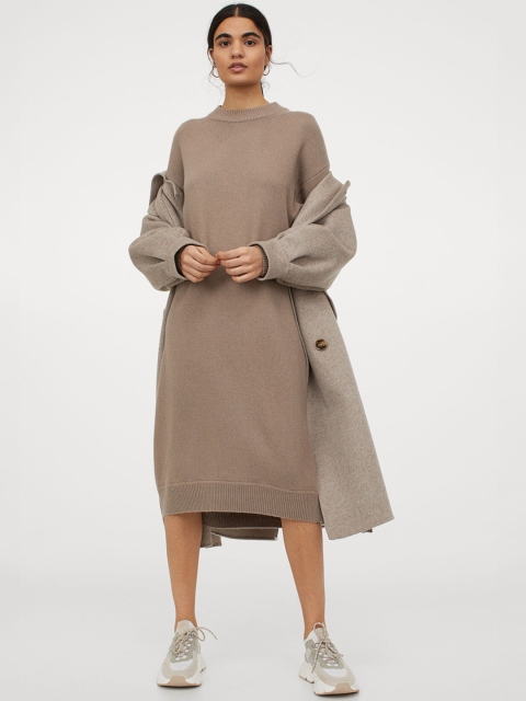 

H&M Women Beige Solid Knitted Sustainable Dress