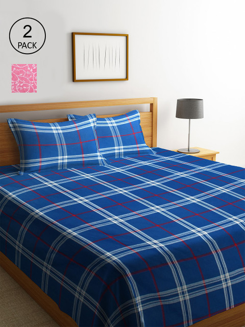 

KLOTTHE Set Of 2 Woven Design Double King Bed Covers With 4 Pillow Covers, Blue