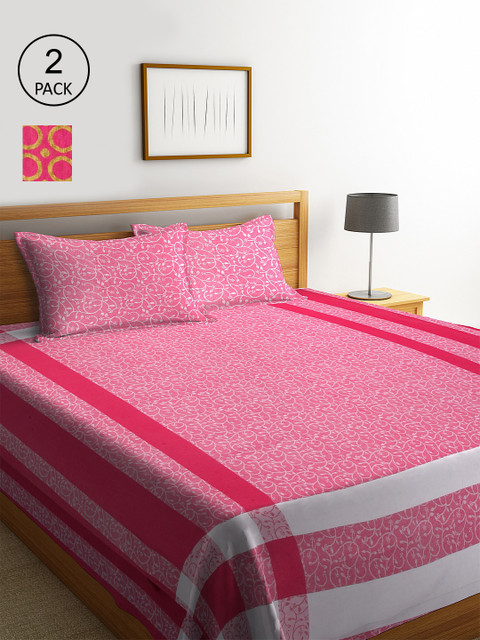 

KLOTTHE Pink & Yellow Set Of 2 Floral Double King Bed Covers With 4 Pillow Covers