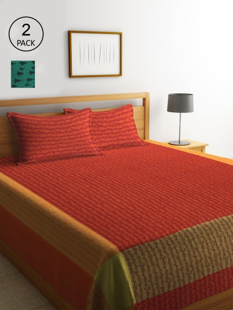 

KLOTTHE Red & Green Set Of 2 Floral Double King Bed Covers With 4 Pillow Covers