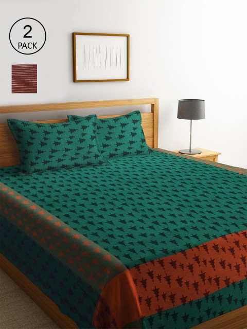 

KLOTTHE Set of 2 Striped Double King Bed Covers with 4 Pillow Covers, Green