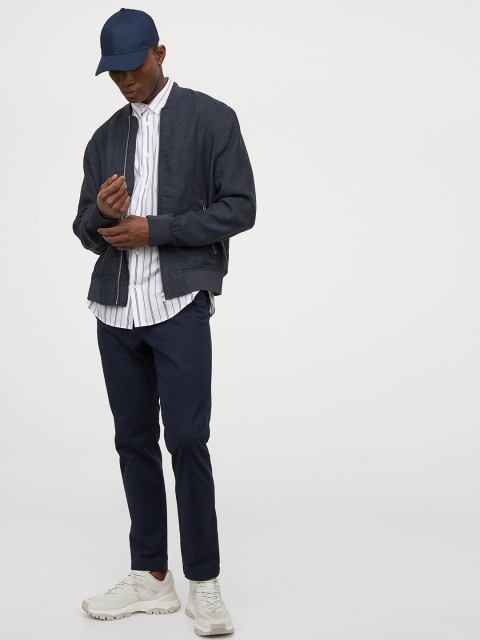 

H&M Men Navy Blue Linen Bomber Jacket