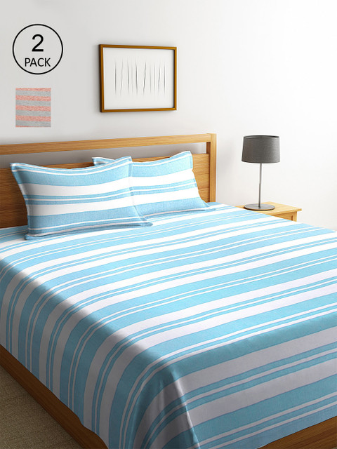 

KLOTTHE Set Of 2 Striped Double King Bed Covers With 4 Pillow Covers, Blue