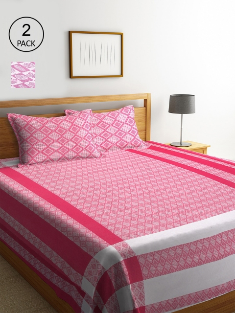 

KLOTTHE Pink & Purple Set Of 2 Geometric Double King Bed Covers with 4 Pillow Covers
