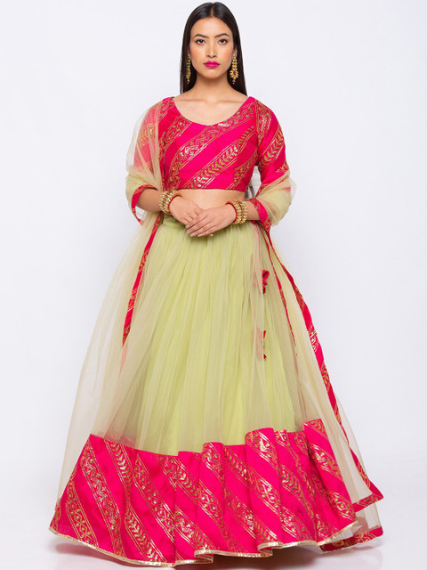 

6Y COLLECTIVE Pink & Gold-Toned Semi-stitched Lehenga-unstitched blouse & stitched dupatta