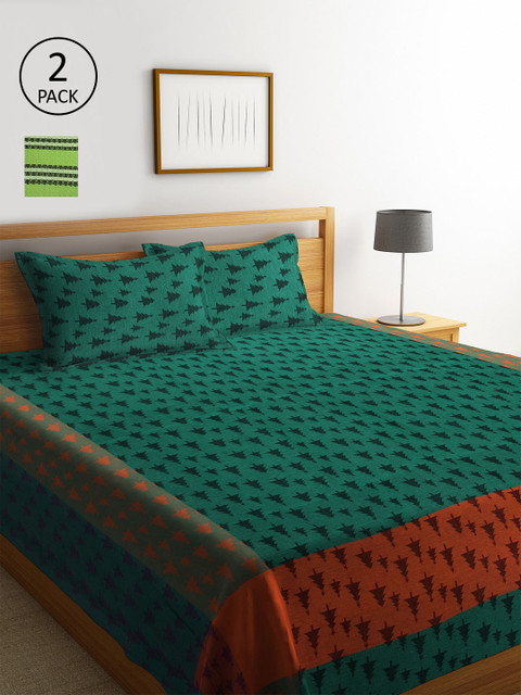 

KLOTTHE Set of 2 Striped Double Bed Covers With 4 Pillow Covers, Green