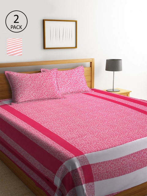 

KLOTTHE Set Of 2 Striped Double King Bed Covers with 4 Pillow Covers, Pink