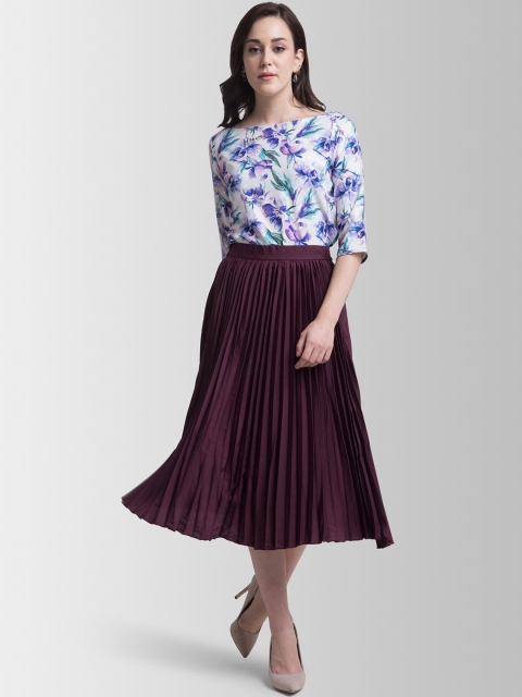 

FableStreet Women White & Purple Printed Top with Skirt