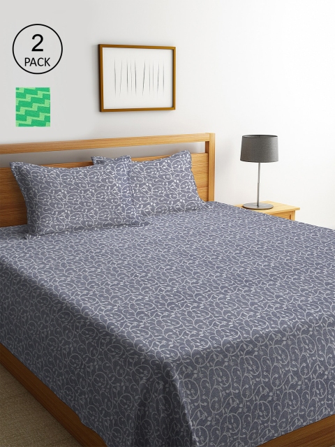 

KLOTTHE Green & Grey Set Of 2 Double King Bed Covers With 4 Pillow Covers
