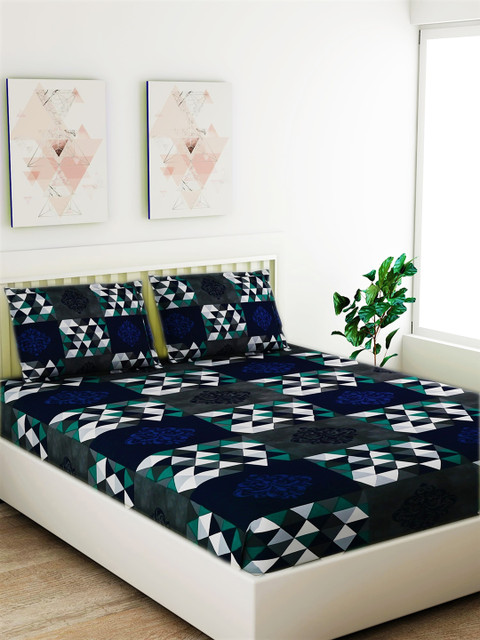 

Salona Bichona Navy Blue & White Geometric 120 TC Cotton 1 Queen Bedsheet with 2 Pillow Covers