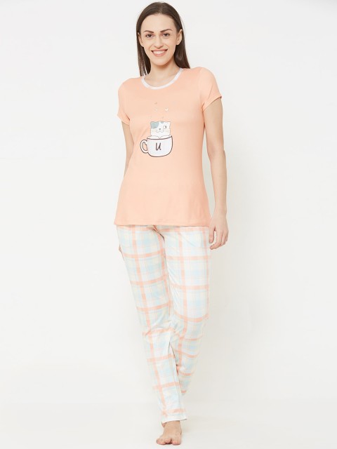 

Sweet Dreams Women Peach-Coloured & Blue Printed Night suit
