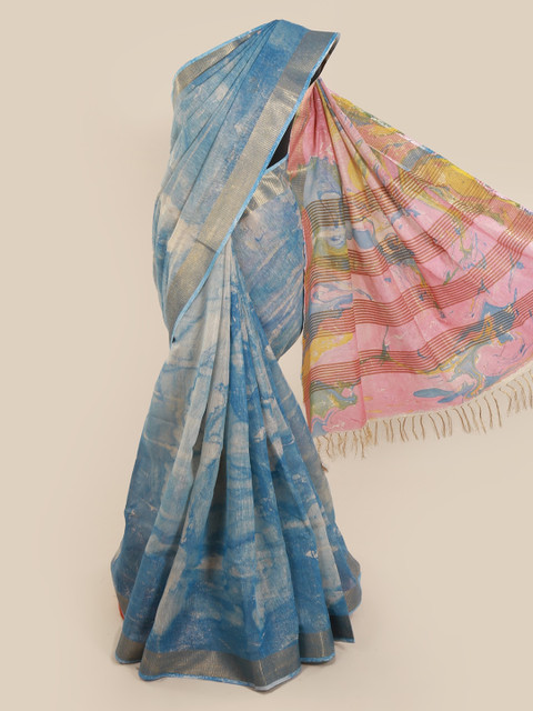 

Pothys Blue Printed Linen Blend Saree