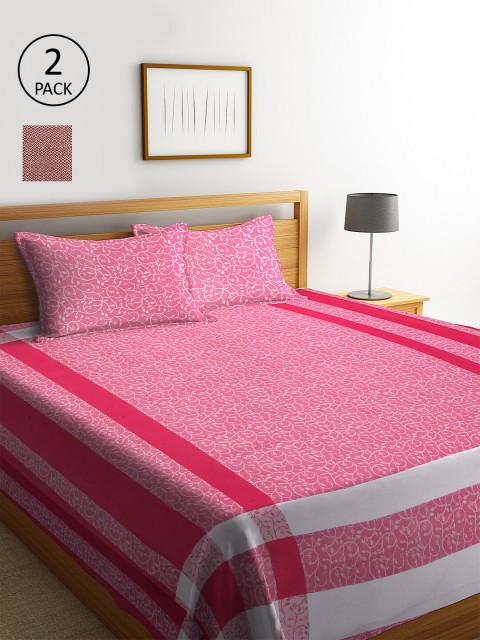 

KLOTTHE Set of 2 Pink & Brown Woven Design Double Bed Covers with 4 Pillow Covers